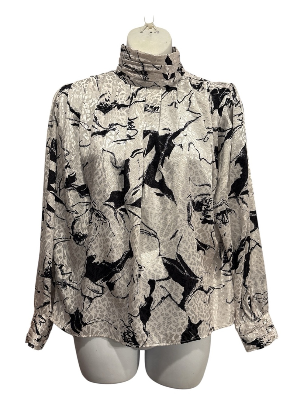 Tess-Petite High-Neck Abstract Floral Blouse in Cream & Black size 10 P